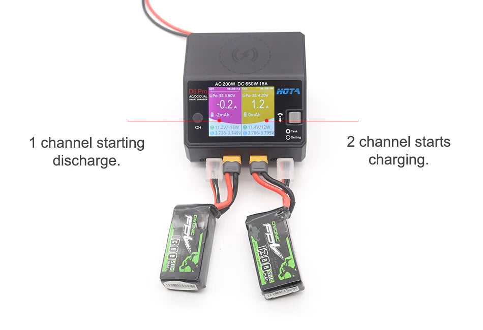 HOTA D6 Pro AC/DC Dual Channel Smart Balance Charger AC200W DC650W 15A for LiPo LiHV NiMH NiCd RC Drone