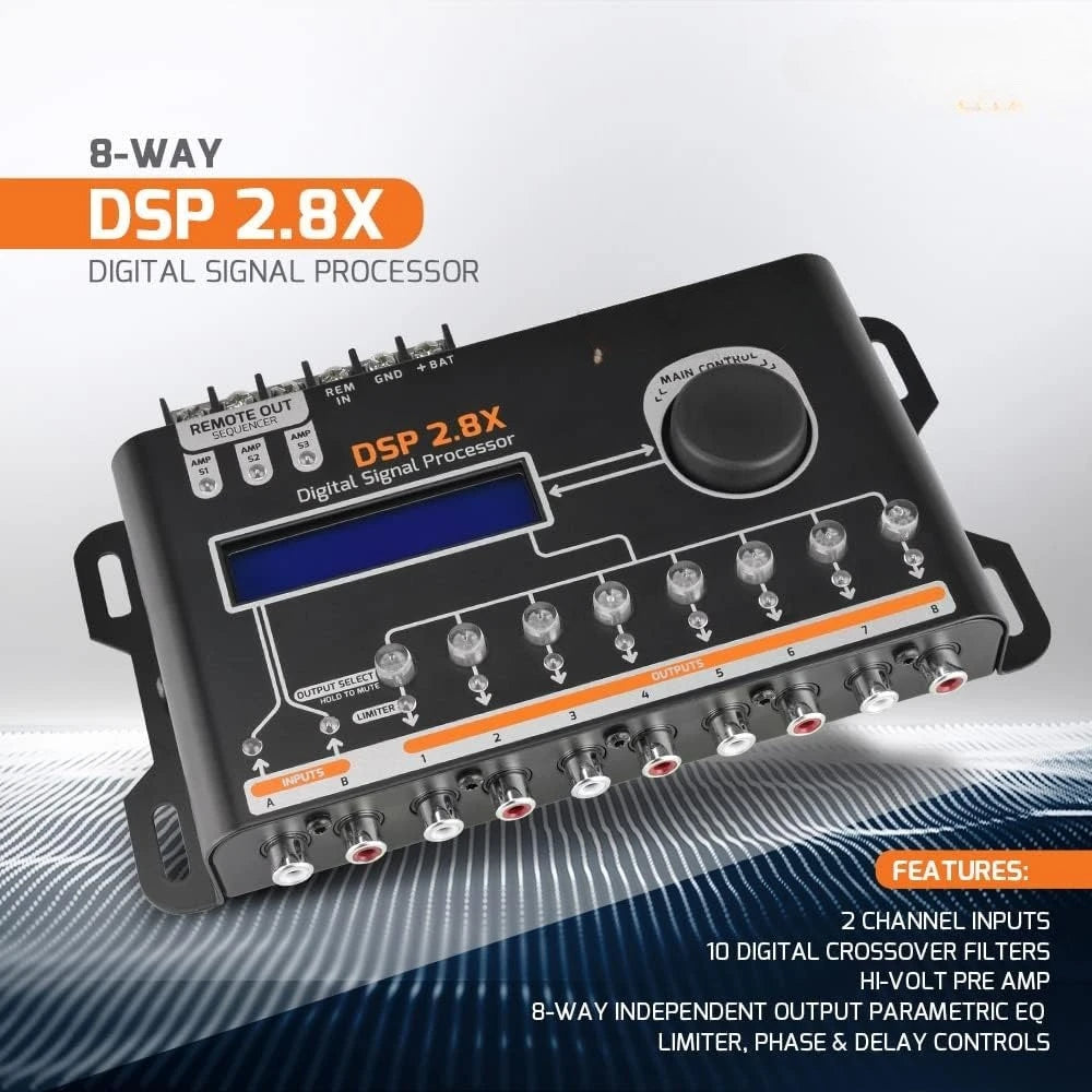 US Shipping Car Audio DSP 2.8X Digital Crossover Equalizer 8 Channel Signal Processor with Sequencer Remote Relay