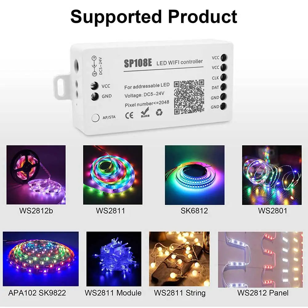 SP108E Wifi SPI Pixel LED Controller DC5-24V for WS2812B WS2811 WS2815 Addressable Pixel LED Strip Lights Max 2048 Pixels