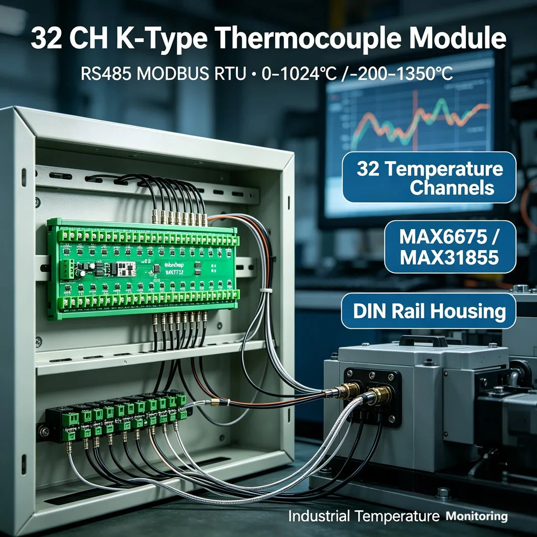 32 Channel K-type Thermocouple Module Modbus RTU RS485 MAX6675 MAX31855 DC7-25V DIN Rail Temp Acquisition Industrial Monitor