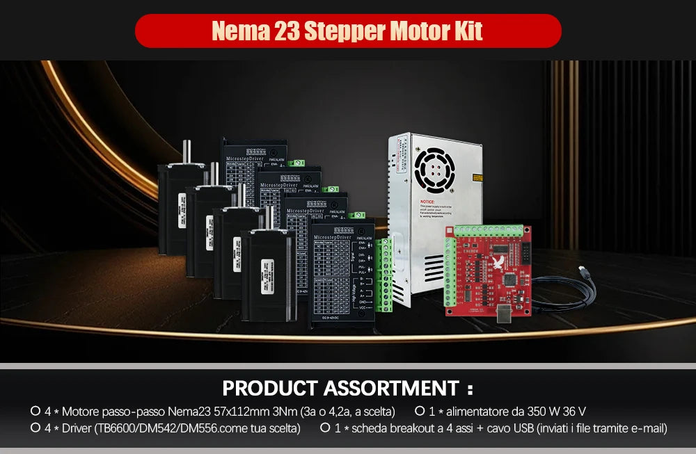 CNC Router Kit 4 Axis Nema23 3N 3A 4.2A Stepper Motor Driver TB6600 DM542 DM556 + USB Mach3 Controller + 350W 36V Power Supply