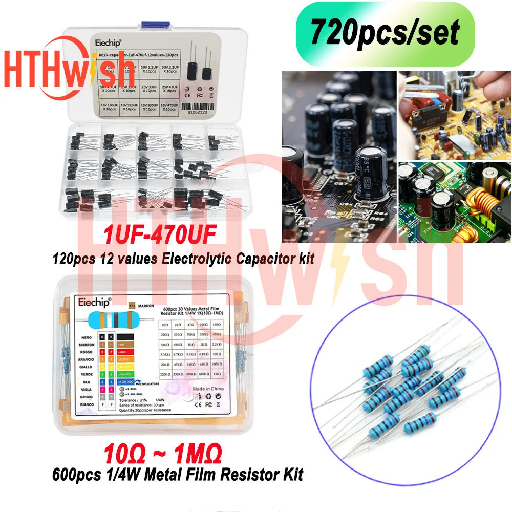 720pcs/set 1UF-470UF Electrolytic Capacitor Kit + 10Ω~1MΩ 1/4W Metal Film Resistor Assortment Set for DIY Electronic Repair