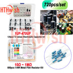 720pcs/set 1UF-470UF Electrolytic Capacitor Kit + 10Ω~1MΩ 1/4W Metal Film Resistor Assortment Set for DIY Electronic Repair