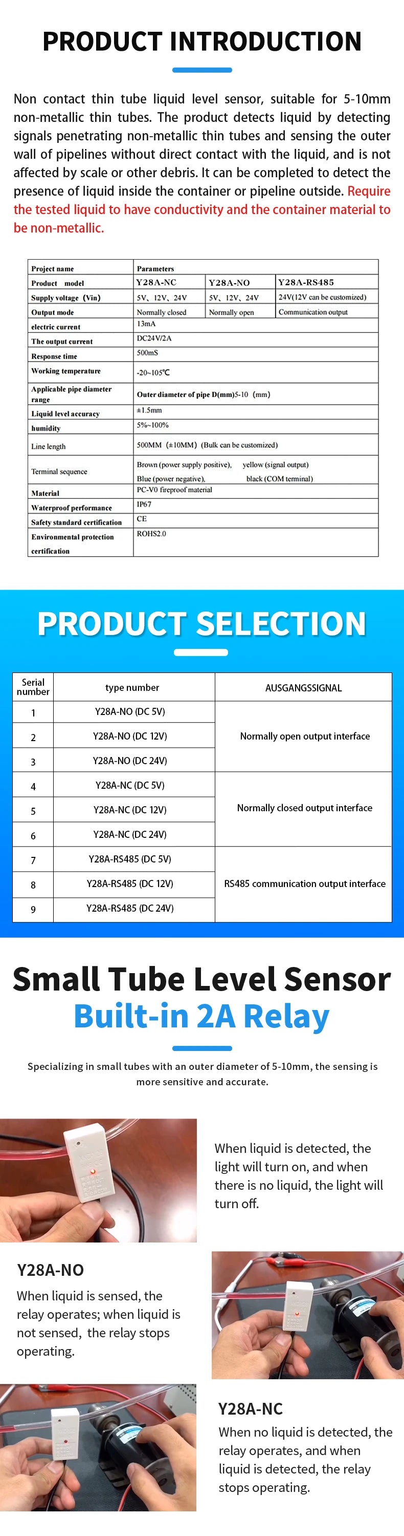 5V/12V/24V  XKC-Y28A-NC/NO/RS485 Capacitive Liquid&Water Level Sensor With XH2.54 Connector+50cm Lines for Arduino DIY Projects