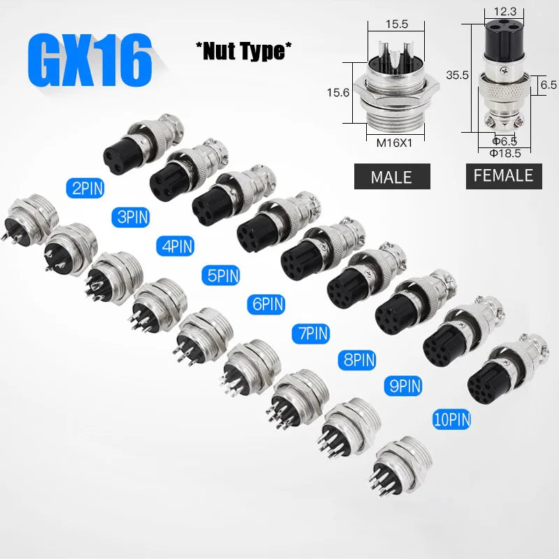 5/10/100Sets GX16 Aviation Plug Scoket Connector 2pin 3pin 4pin 5pin 6pin 7pin 8pin 9pin 10pin Nut Type Male Female Butting