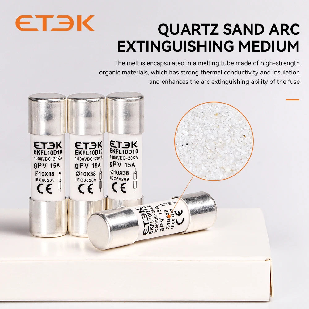 ETEK Solar DC 1000V PV Fuses 15A 20A 25A Ceramic GPV Fuse  10x38mm for Solar System Protection EKFL-10D