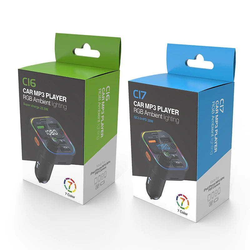 FM Transmitter Bluetooth 5.0 Car Handsfree Audio Mp3 Player Adapter USB 22.5W Quick Charging Type-C Fast Charger FM Modulator