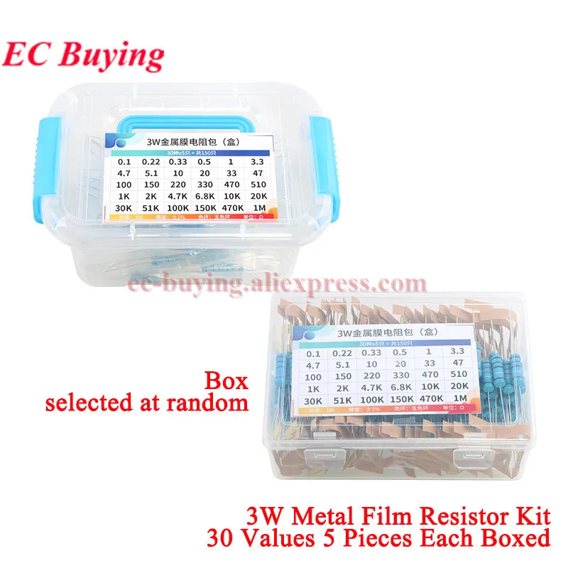 2600Pcs/150pcs 1/4W 1/2W 1W 2W 3W 5W Metal Film Resistor Assortment Kit 1% 0.25W 0.5W Resistance Set Electronic Components Kits