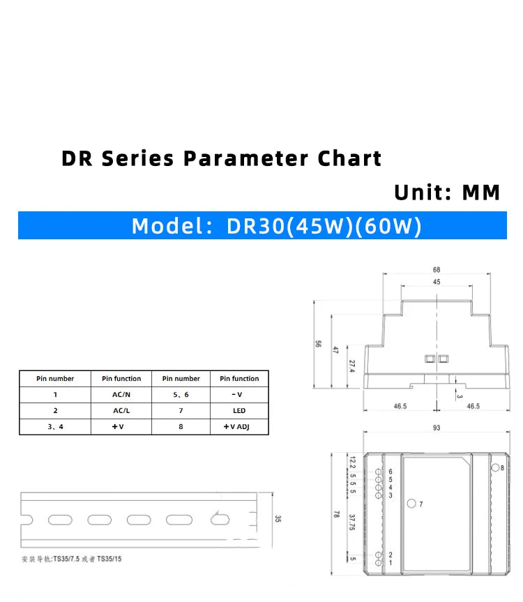 DR-60W Output 5V 12V 15V24V DIN Rail Switching Power Supply 24V DC 220V to 12V Transformer 5V Module Power Supply Box
