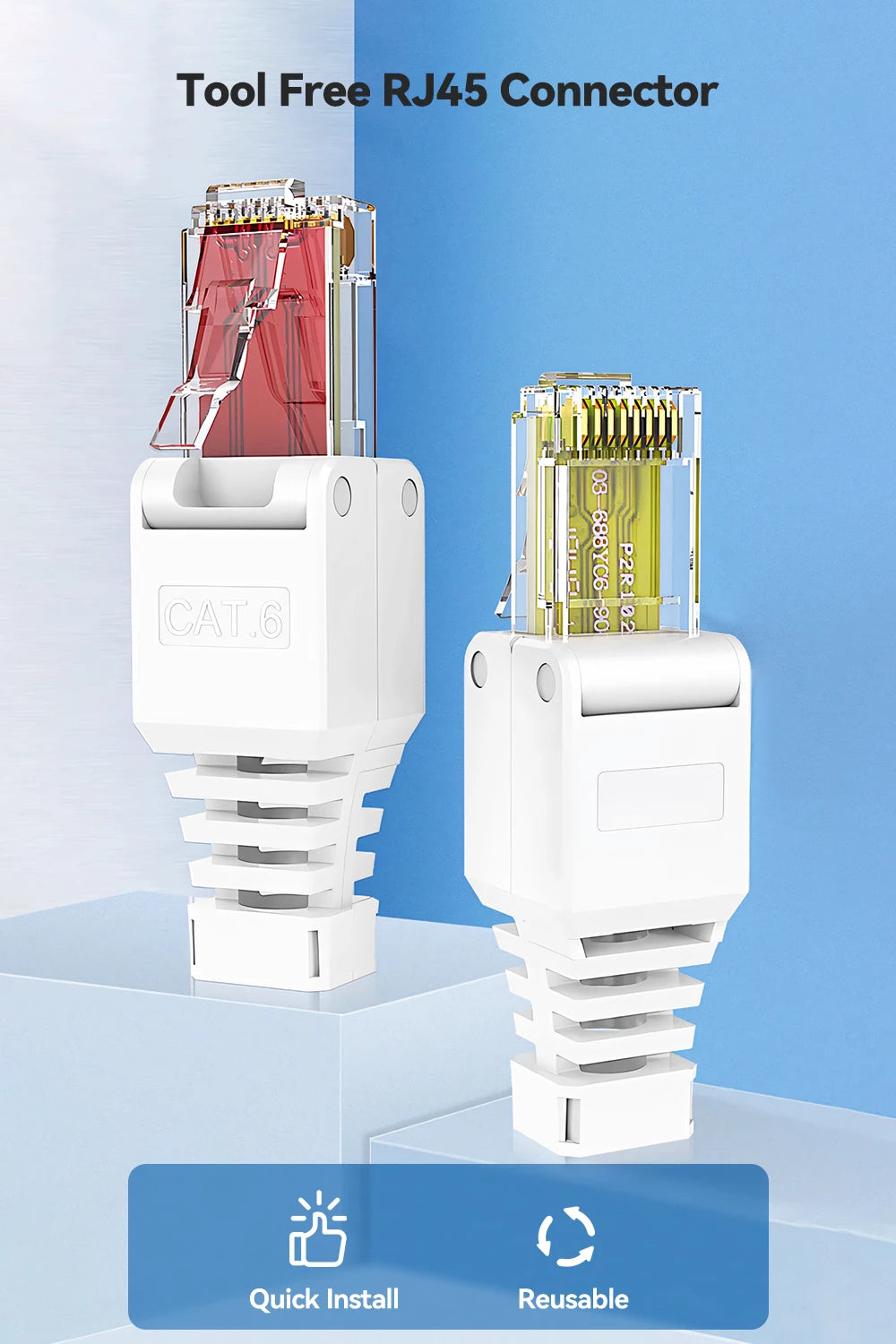 Denswire Tool-Free RJ45 Connectors | UTP Cat5e Cat6 Cat7 Ethernet Plugs for Solid & Stranded Cable