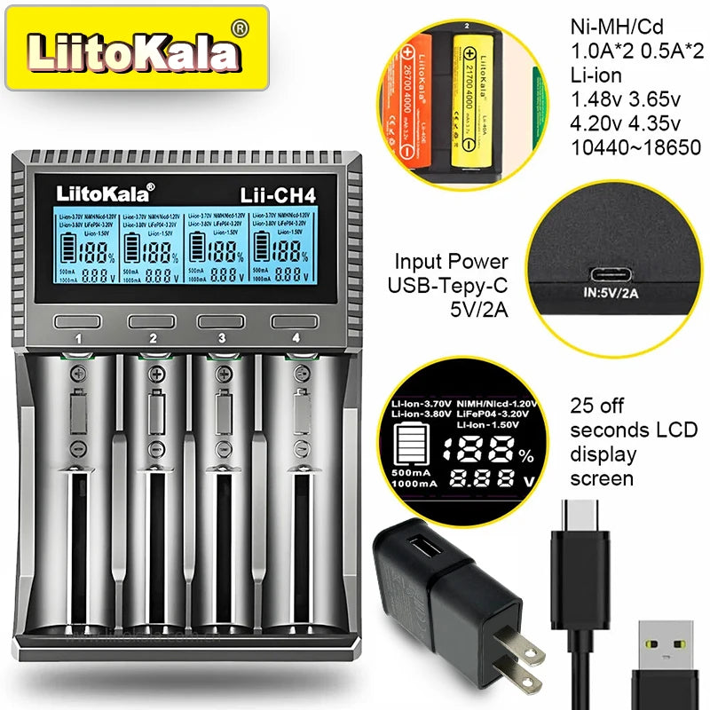 LiitoKala Lii-CH4 Smart Charger for 18650/21700/26650/AA/AAA/Ni-MH/Li-ion,1.2V/1.5V 4-Slot Fast Charge, USB-C, Auto Detect