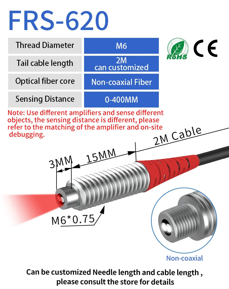 GTRIC Fiber Optic Sensor Probe Diffuse Reflection M3 M4 M6 1-2M Cable Coaxial Non-coaxial Photoelectric Optical Proximity Switch