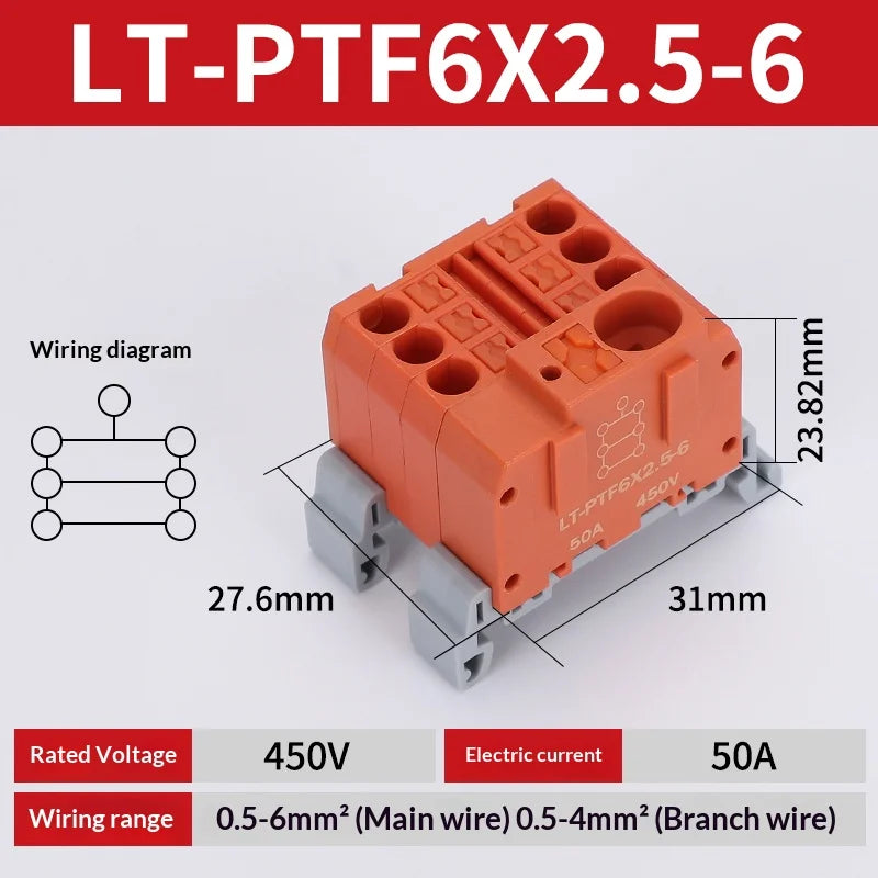 Push-in Terminal Block PTF6X2.5mm One in Multiple Out Splitter Spliceable Wire Connectors DIN Rail Junction Box Electrical Joint
