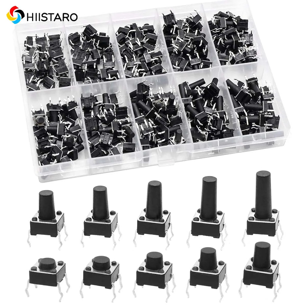 100Pcs 6x6mm Tactile Push Button Switch Assortment Kit, 9 Stem Heights 4Pin Vertical Momentary Micro Switches for Circuit Repair