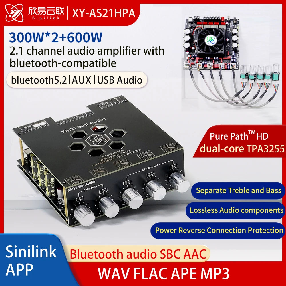 AS21 TPA3255 Bluetooth 5.2 2.1 Channel Power Audio Stereo Subwoofer Amplifier Board 300WX2+600W TREBLE Bass Note Tuning AMP