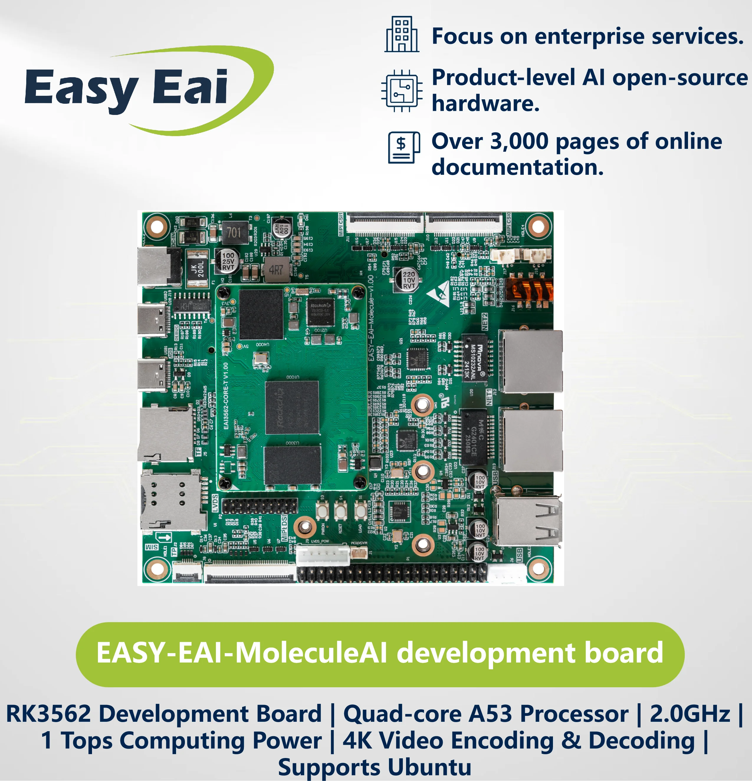 Edge AI Core Module, EASY EAI RK3562 Quad-core A53 ARM Processor, 2GB RAM, Embedded Linux Development Board 1 TOPS NPU