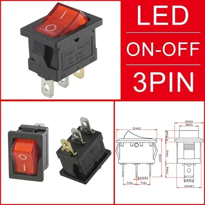 10/30/100 Pcs KCD1 Snap - in Boat Rocker Switch - SPST ON - OFF, 2/3/4 Pin, 250V 6A (AC) / 125V 10A, 2P Toggle Power Snap Switch