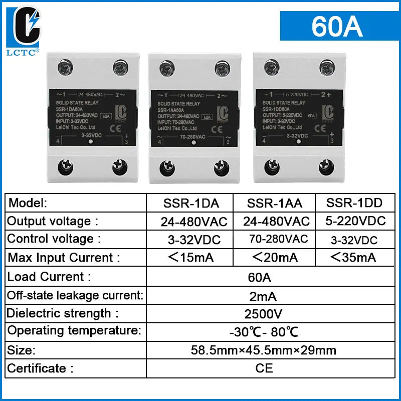 LCTC Solid State Relay DC TO AC AC To AC DC To DC Single Phase SSR 10A 25A 40A 60A 80A 100A 120A 200A 240A Zero-crossing Relay