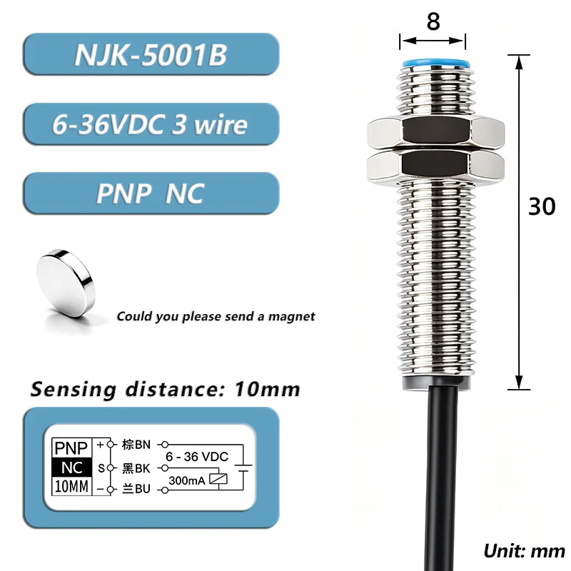 M8 Hall Magnetic Proximity Sensor Switch PNP/NPN NO NC 10-30V DC 3-Wire Sensing Distance 10mm IP67 Reed Proximity Sensor