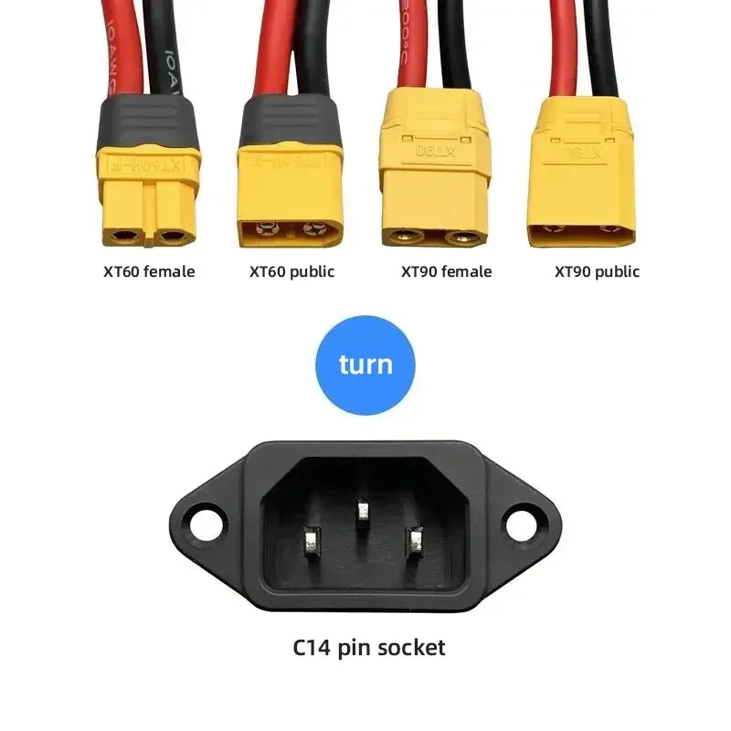 XT60/XT90 To C14 3pin Male Female Power Socket 10AWG/12AWG Battery Car Charging Wire Connector New Energy E-bike Charging Cable