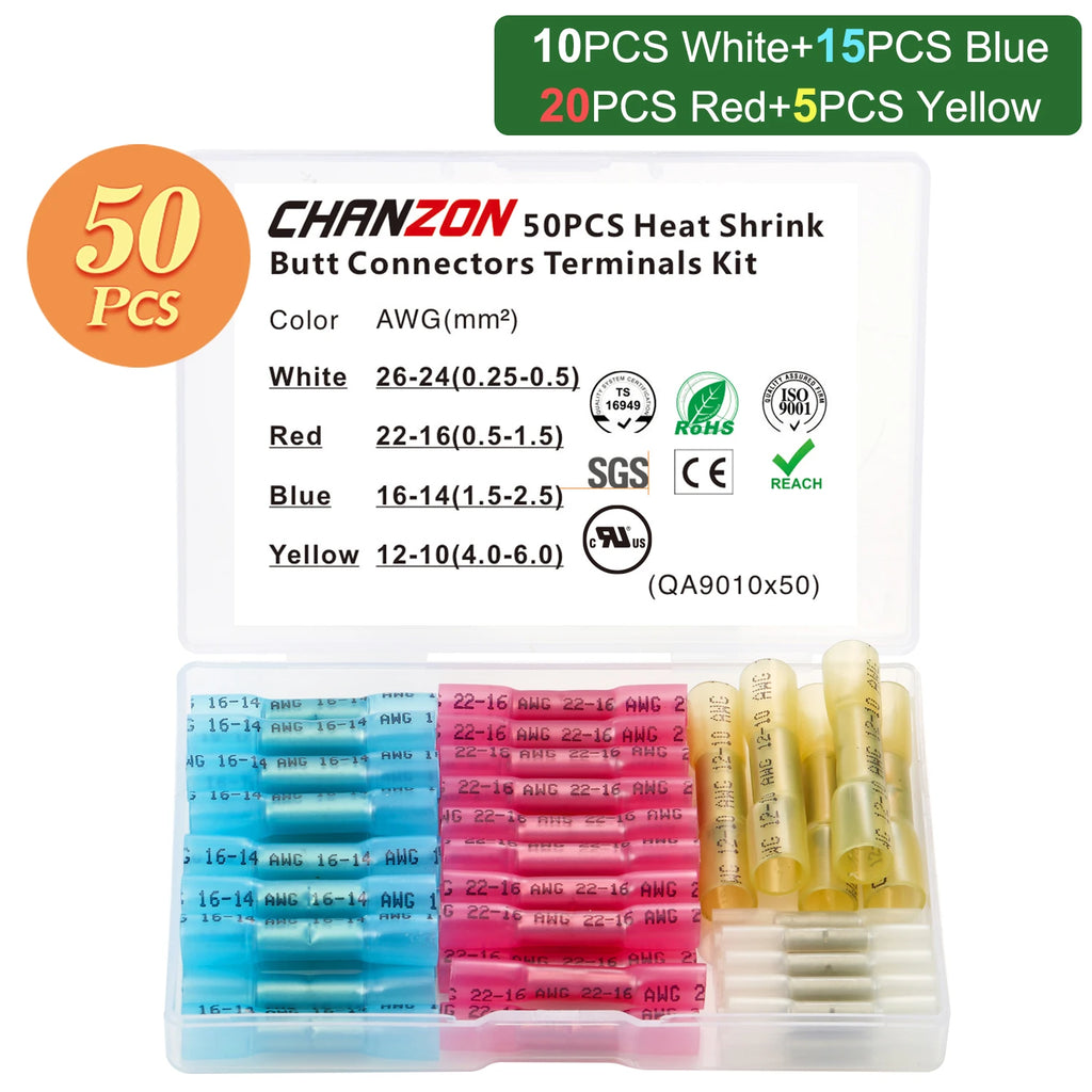 20/50/100PCS Heat Shrink Butt Wire Terminal Kit Waterproof Shrinkable Solder Crimp Splice Electrical Cable Joint Tube Connector