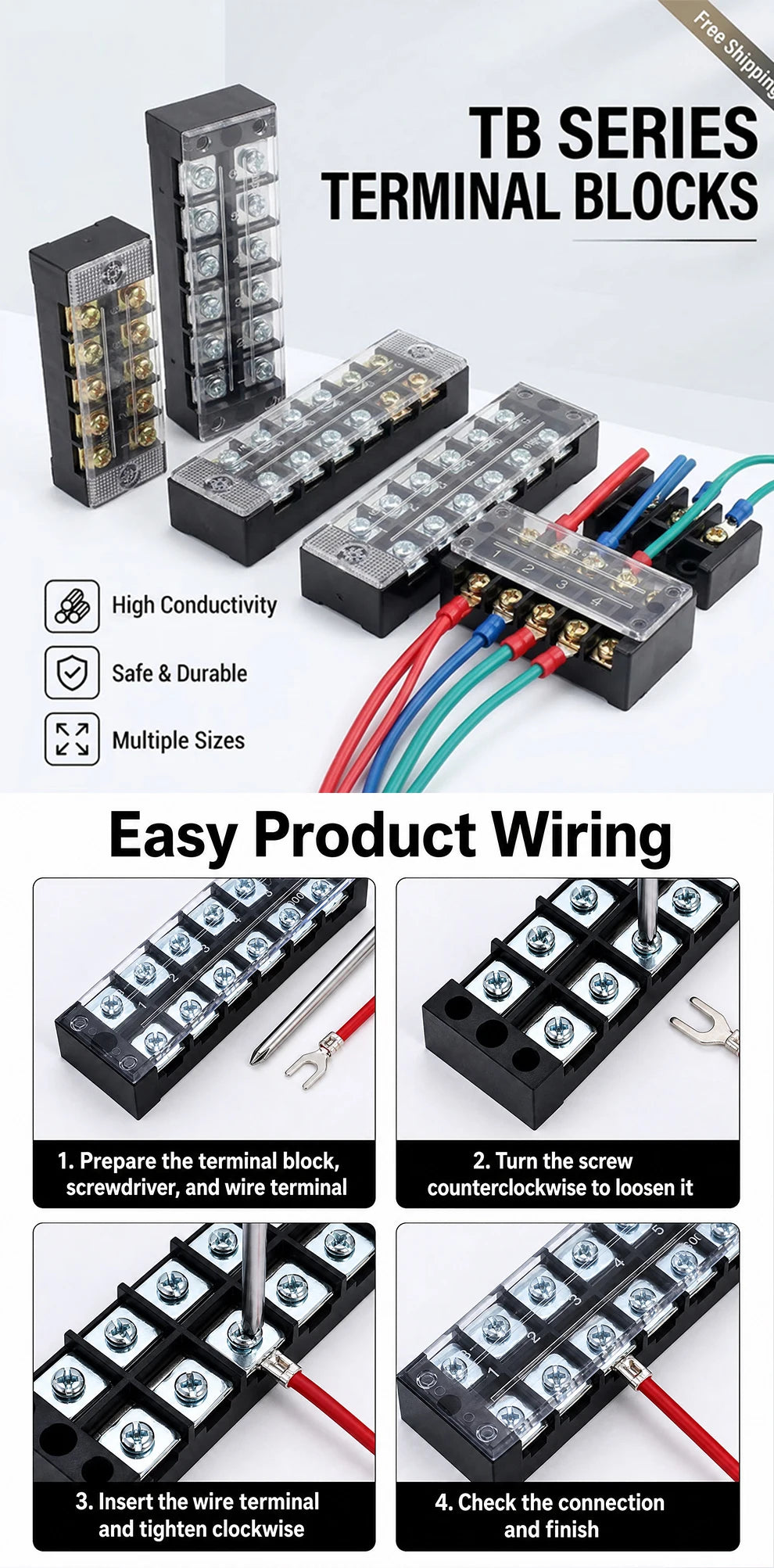 1PCS -TB1504 Dual Row Thick Copper Screw Terminal Block Flame Retardant Grounding Strip Wire Connector Durable 600V 15A