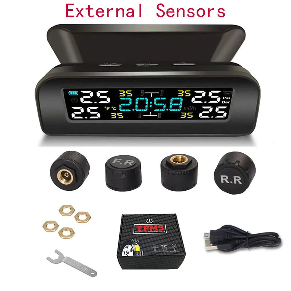 Solar Power TPMS Car Tire Pressure Monitoring System Alarm Tyre Air Pressure Meter Gauge Temperature Warning With 4 Sensors