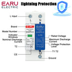 EARU AC SPD 1P/3P+NPE 50KA T1 T2 385V 275V House Lightning Surge Protector Protective Solar Low-Voltage Arrester Device Din Rail