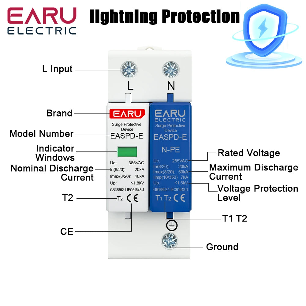 EARU AC SPD 1P/3P+NPE 50KA T1 T2 385V 275V House Lightning Surge Protector Protective Solar Low-Voltage Arrester Device Din Rail