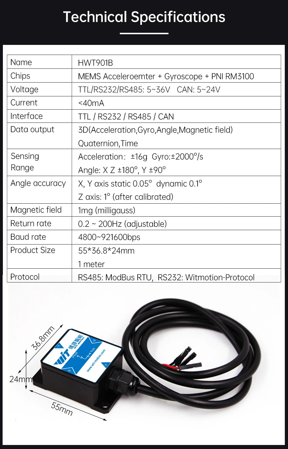 WitMotion [Accelerometer+Inclinometer] HWT901B TTL MPU9250 9-axis Gyroscope+Angle(XY0.1°)+Digital Compass+Air Pressure+Altitude