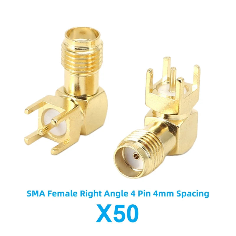 50Pcs Brass SMA PCB Female Connector 90 Degree Angle Gold-Plated RF Socket RP-SMA PCB Mount 4 Pins Stand