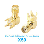 50Pcs Brass SMA PCB Female Connector 90 Degree Angle Gold-Plated RF Socket RP-SMA PCB Mount 4 Pins Stand