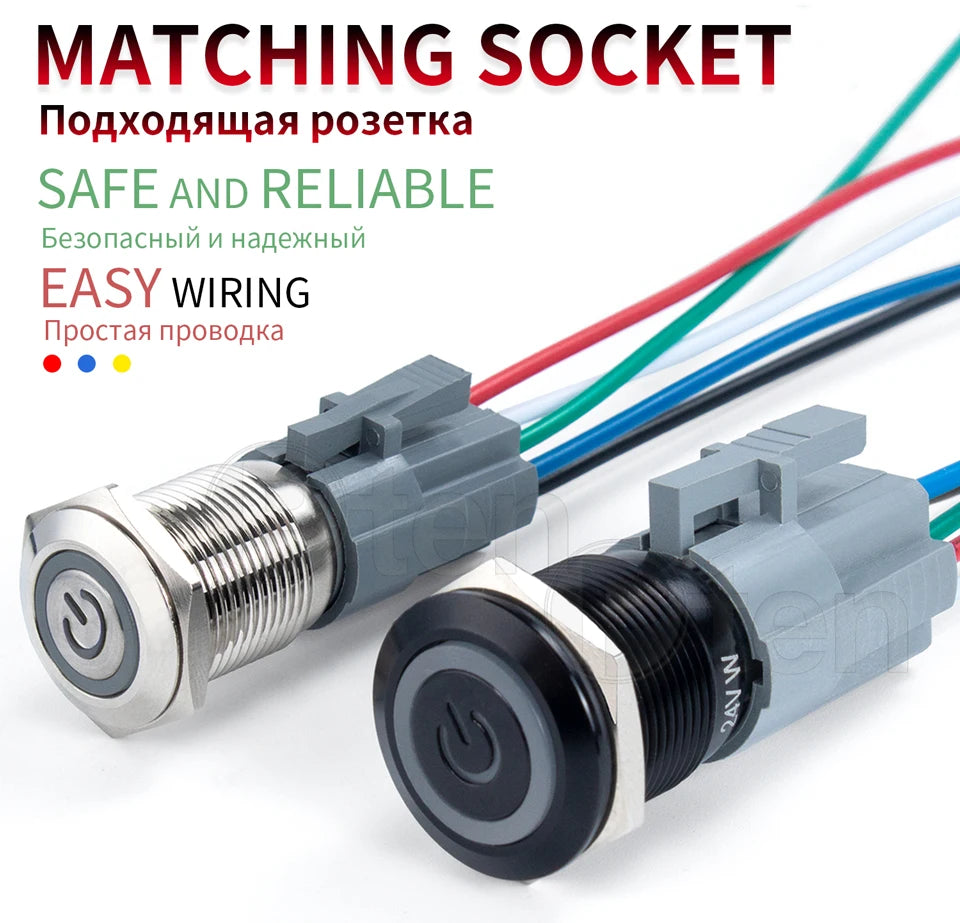 2NO2NC 16/19/22mm Waterproof Metal Push Button Switch LED Light Momentary Car Engine Power Switch 3/6/12/24/220V silver 1NO1NC