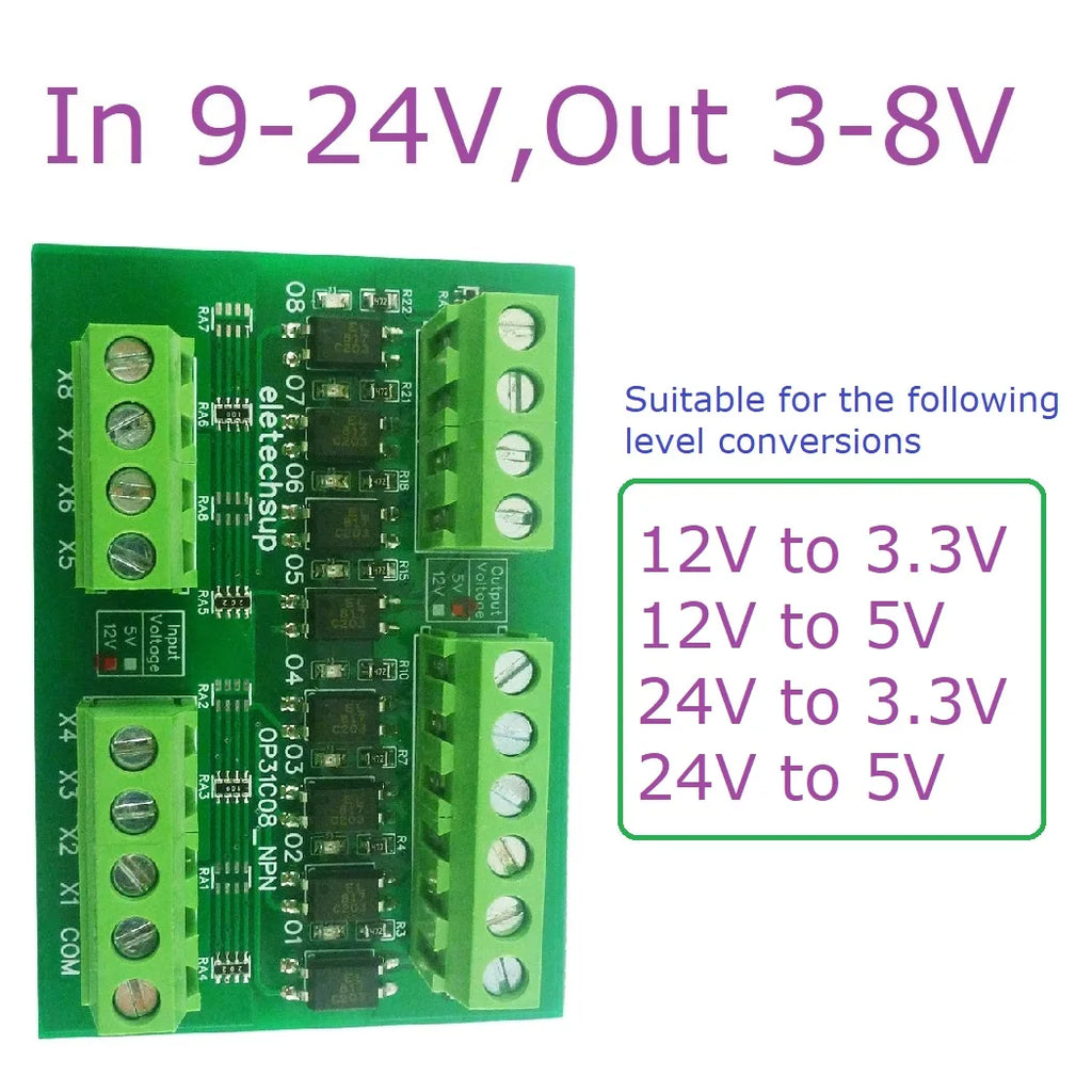 8CH Opto Isolated Level Converter Module NPN PNP 3.3V 5V 12V 24V for Arduino PLC Raspberry Pi MCU 3000V Isolation