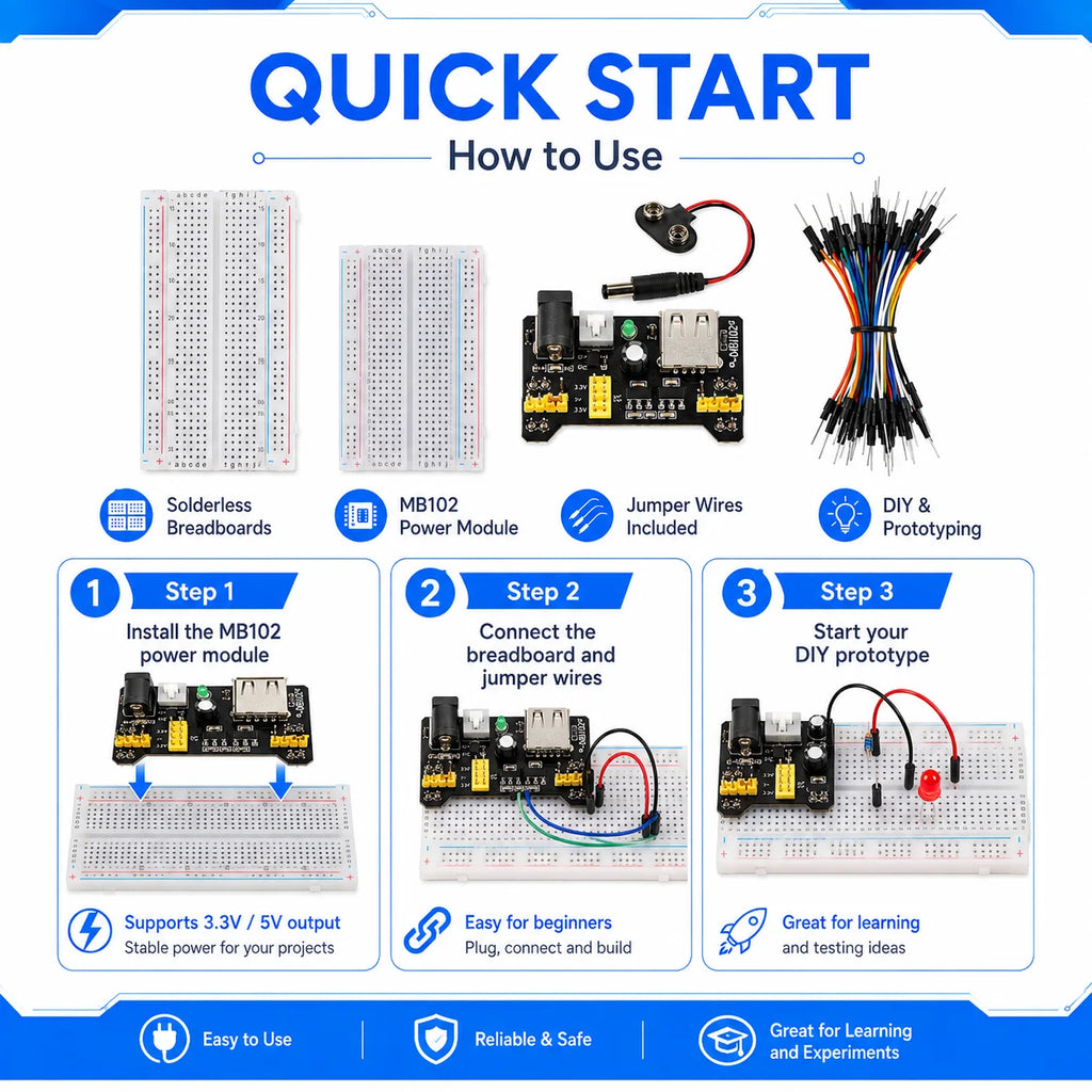 MB102 Breadboard Power Supply Module + MB-102 830/400 Points Solderless Breadboard Kit with 65 Flexible Jumper Wires 3.3V/5V