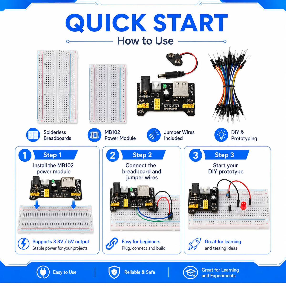 MB102 Breadboard Power Supply Module + MB-102 830/400 Points Solderless Breadboard Kit with 65 Flexible Jumper Wires 3.3V/5V
