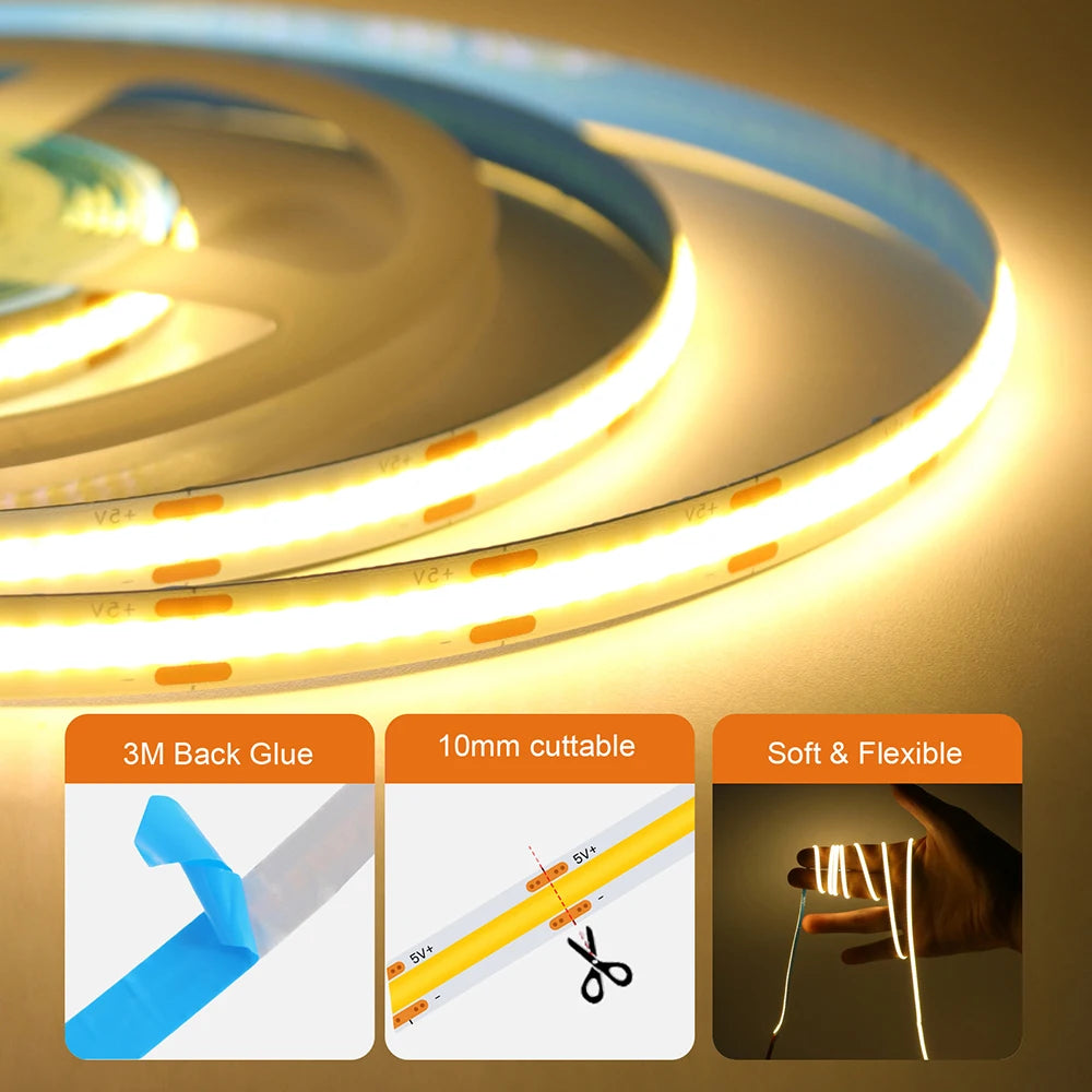 5V Motion Sensor Nigth Light COB Led Strip USB Battery Power 3mm 5mm 8mm PCB 320 LEDs Flex Lamp for Under Cabinet Kitchen Stairs