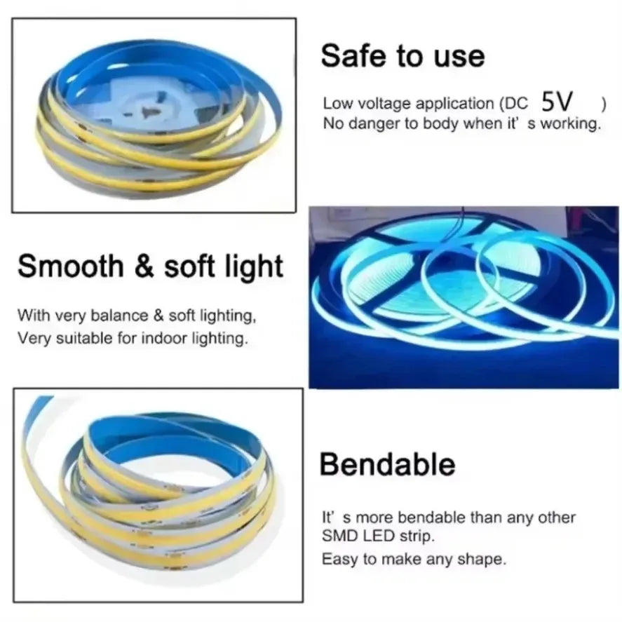 1-5M 5V USB LED Cabinet Light 320LEDs/M LED COB Strip Light Touch Sensor Dimmable Flexible Tape for DIY Backlight Decor Lighting