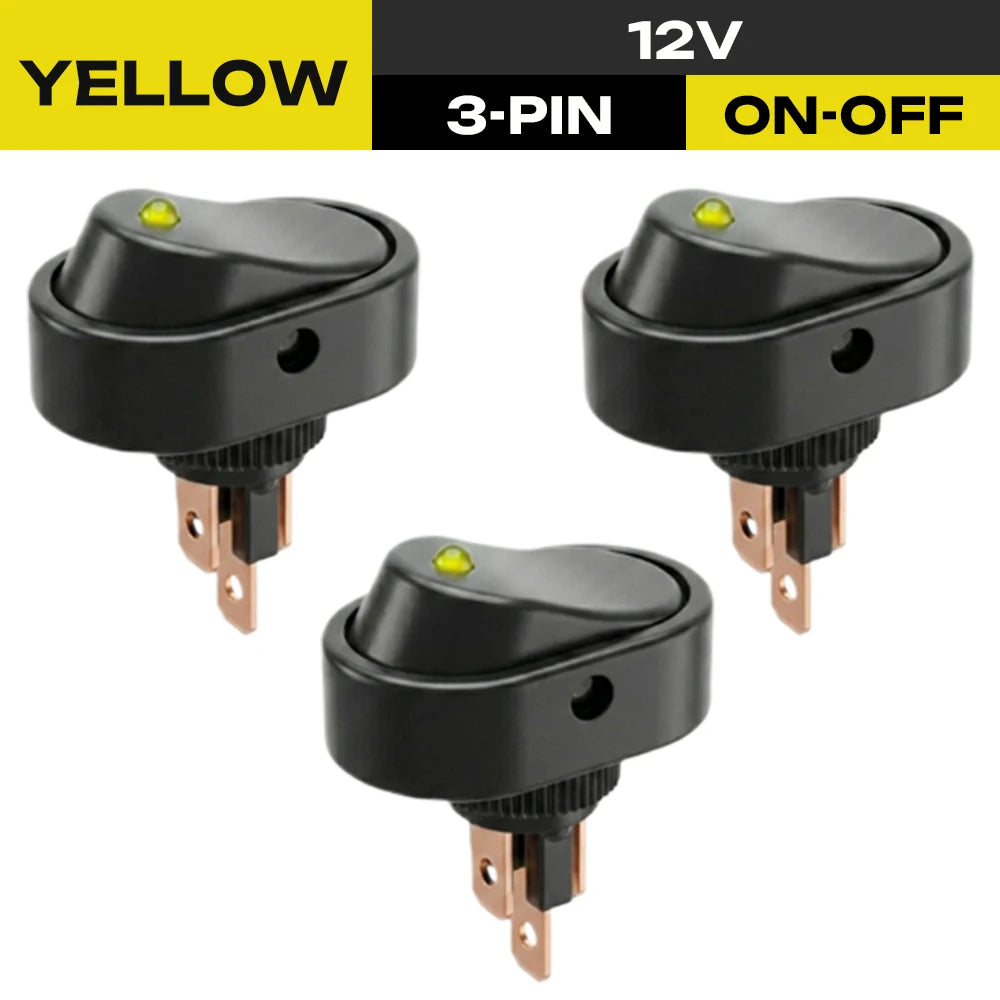 FILN 3Pcs 12V Rocker Switch 6A 3 Pin Threaded Mount Round LED Dot Light Toggle Power Switches for Small Home Appliance Auto