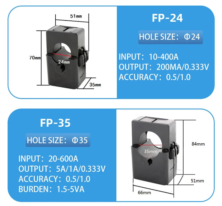 High Frequency 50mm Sensor 100/5 Ratio 1000:1 Split Core Current Transformer CT DC 600/5 AC Clamp 220v/240v Input
