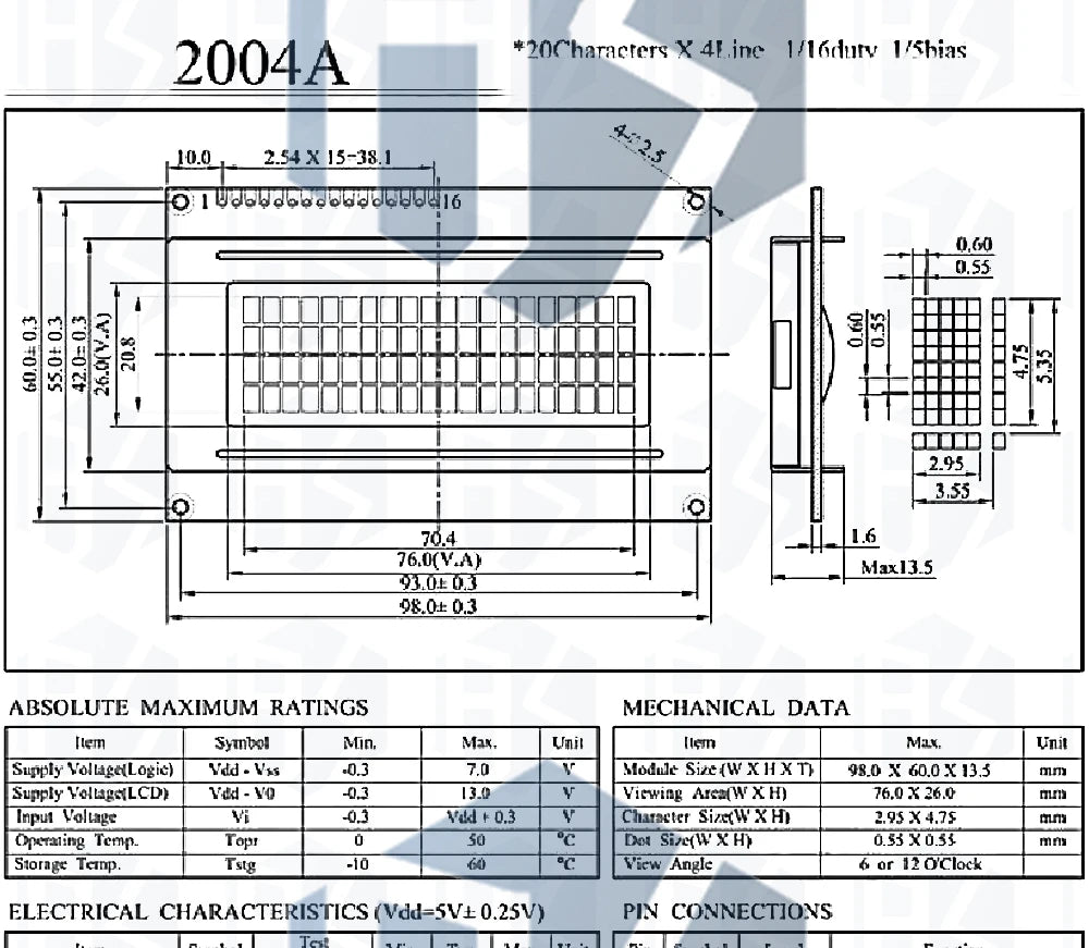 LCD2004A I2C 20x4 Blue Character LCD Module - HD44780 Driver with IIC Serial Interface for Arduino