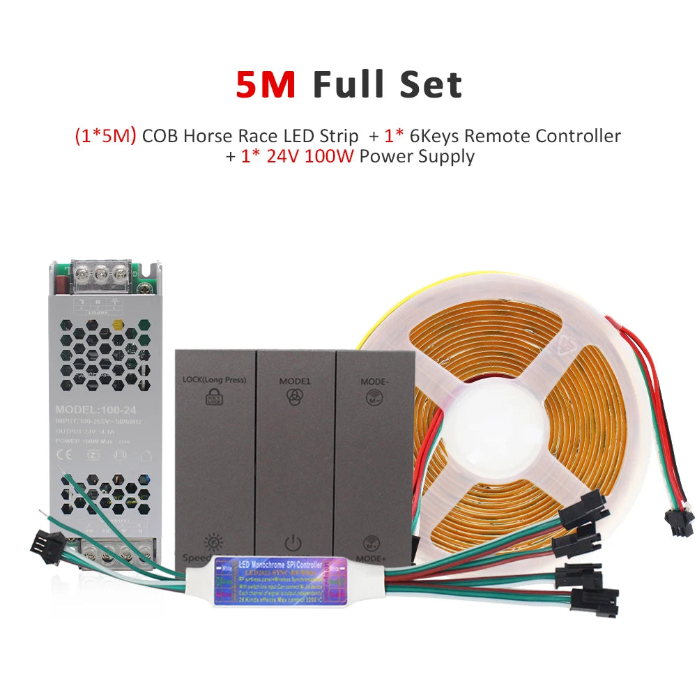 24V Horse Race Running Water Strip Light COB Flexible Ribbon 5M 10M 15M 20M Tape Lamp Work with Smart Switch Control Controller