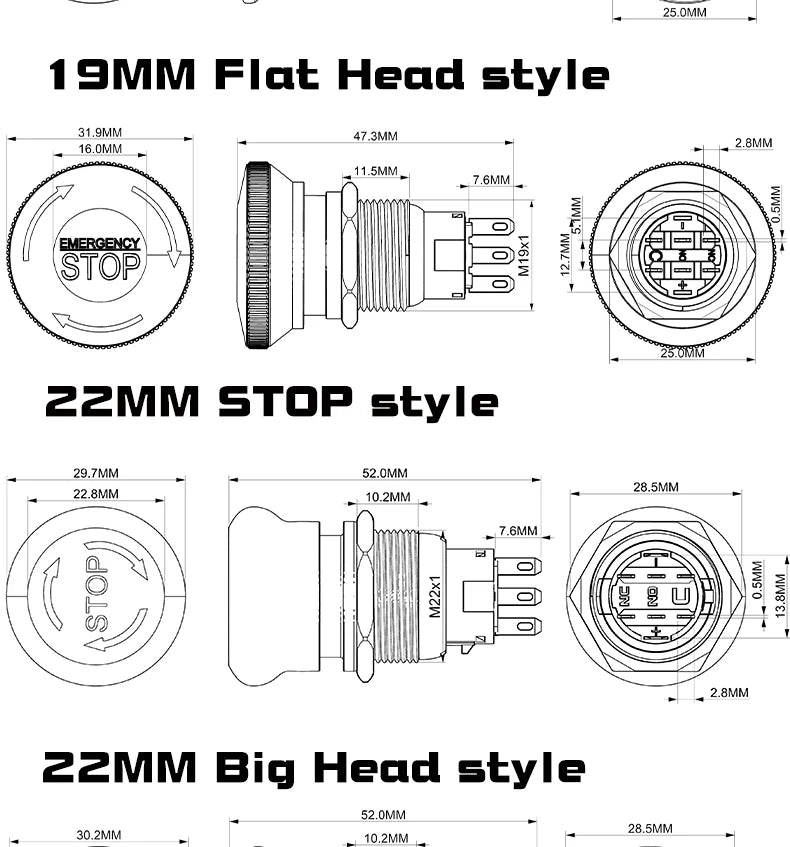 1PCS 16mm19mm22mm Metal Emergency Stop Button Switch Waterproof Mushroom Head Self-locking 3Pins 1NO1NC 6Pins 2NO2NC