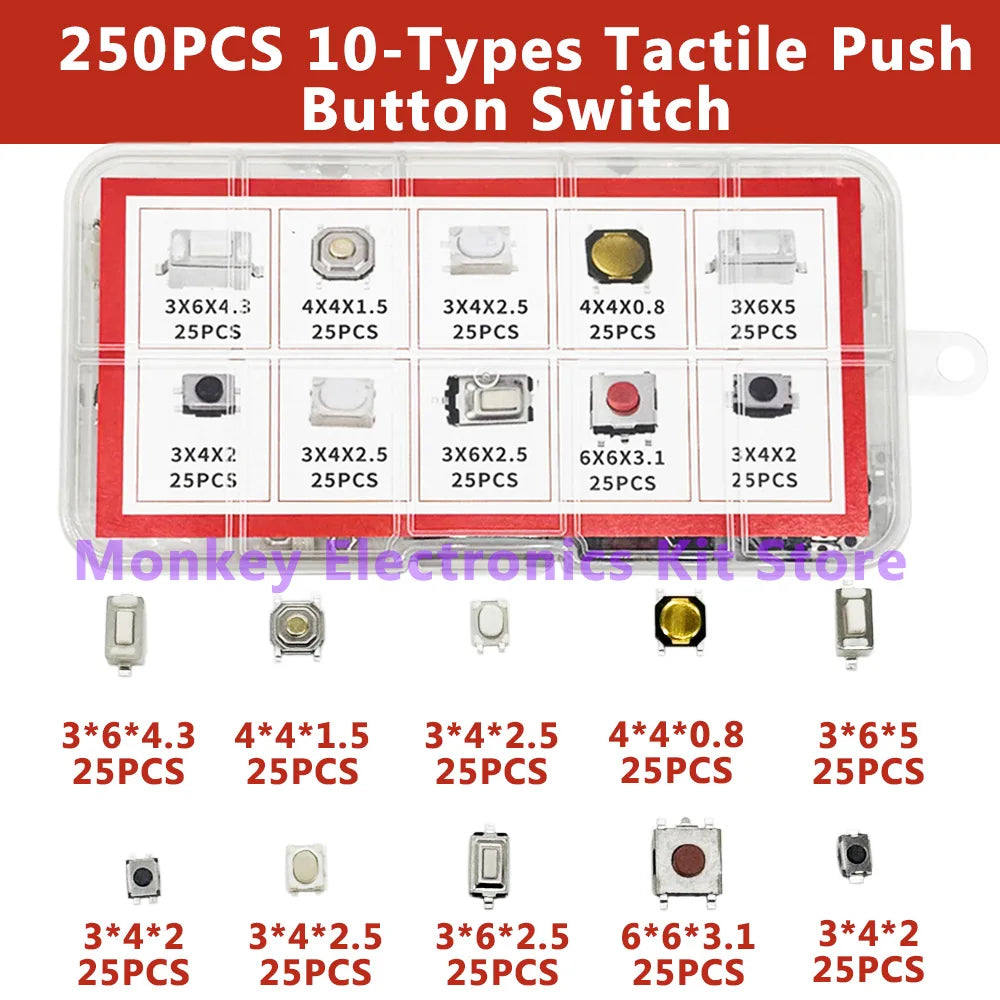 250PCS/1 Set  10-Types Tactile Push Button Switch Car Remote Control Keys Button Touch Micro switch