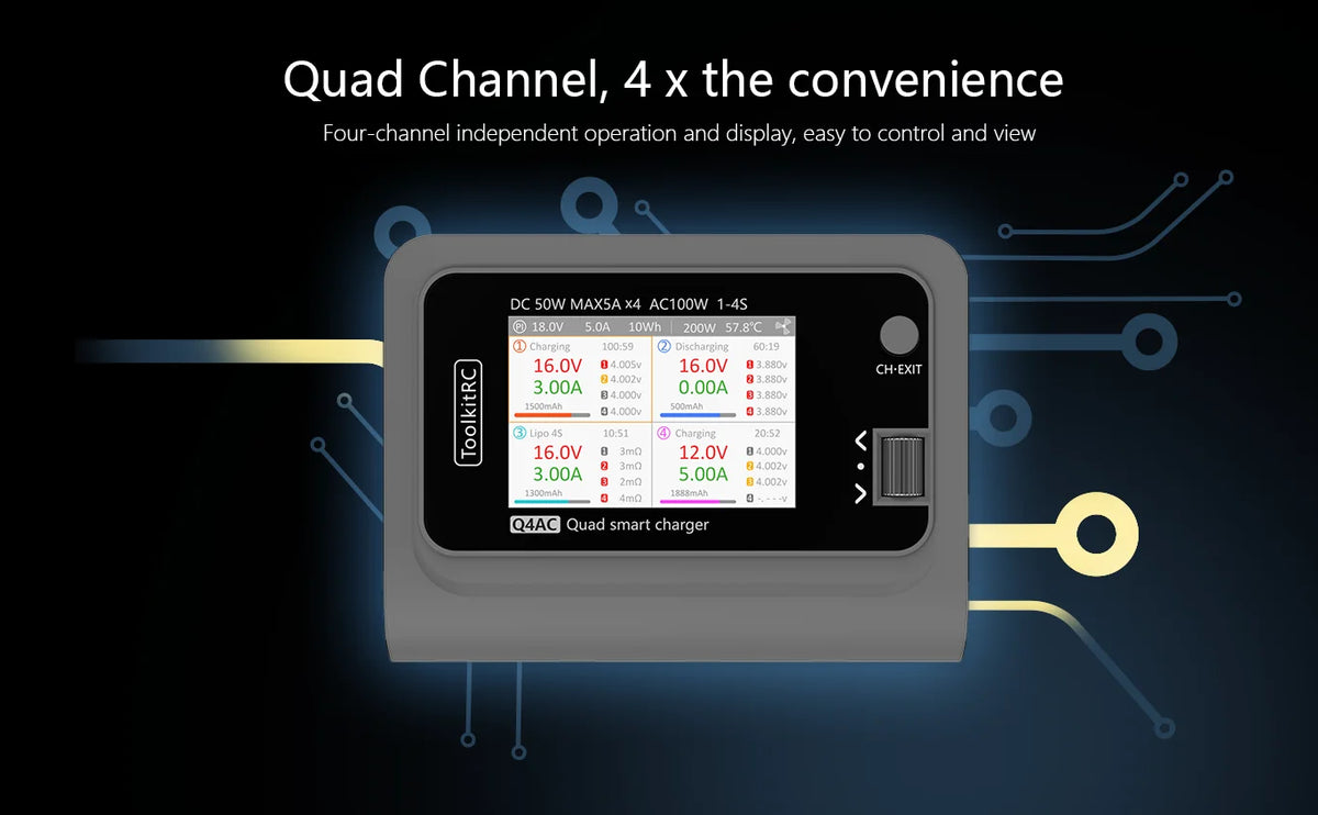 ToolkitRC Q4AC 4x50W 5A AC 100W 4 Port DC Smart Discharger Charger XT60/XT30 Optional for 1-4S Lipo Battery