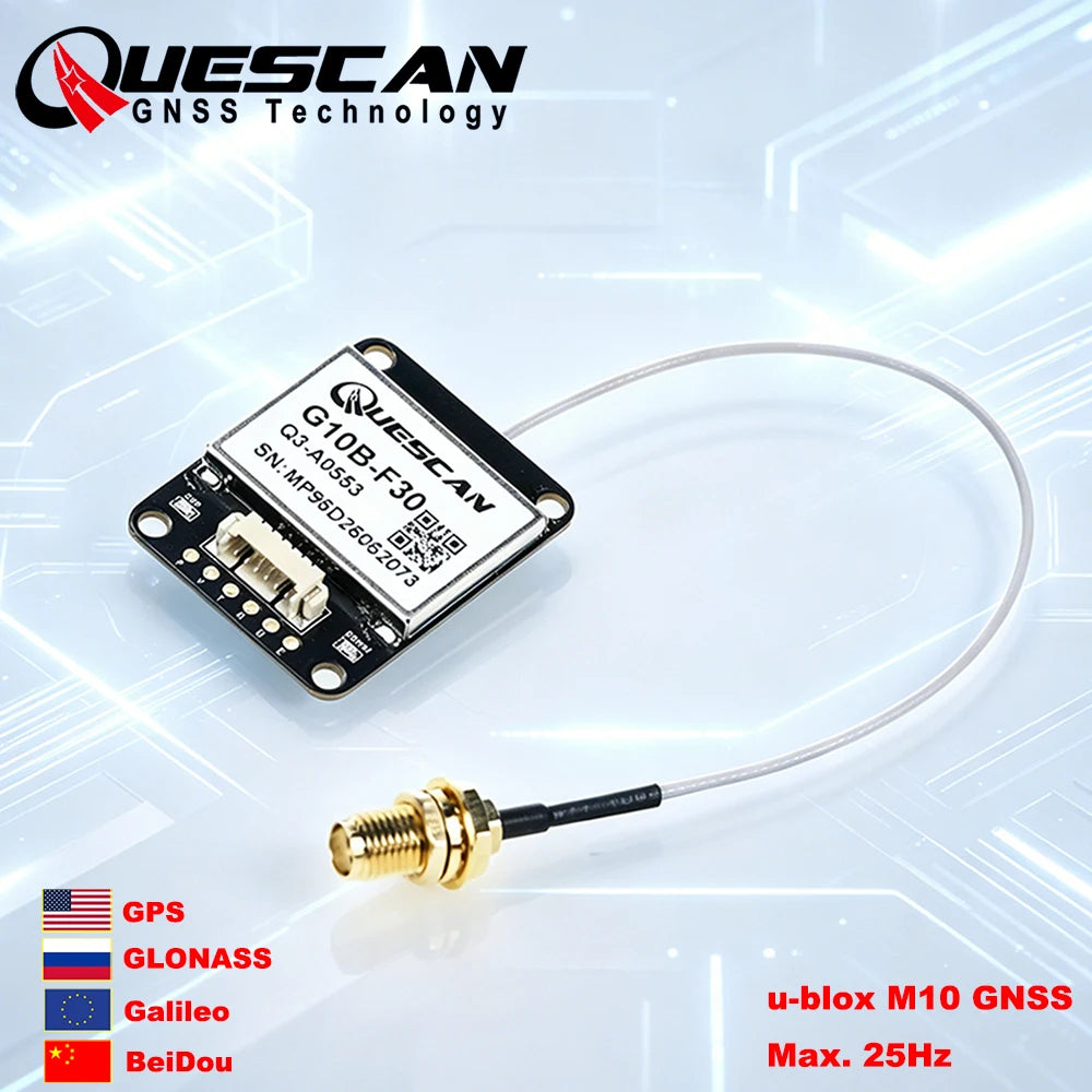 QUESCAN G10B-F30 UBX M10 GPS Module with Active Antenna Arduino ESP32 NMEA GPS GLONASS Galileo BeiDou QZSS Receiver GNSS Module