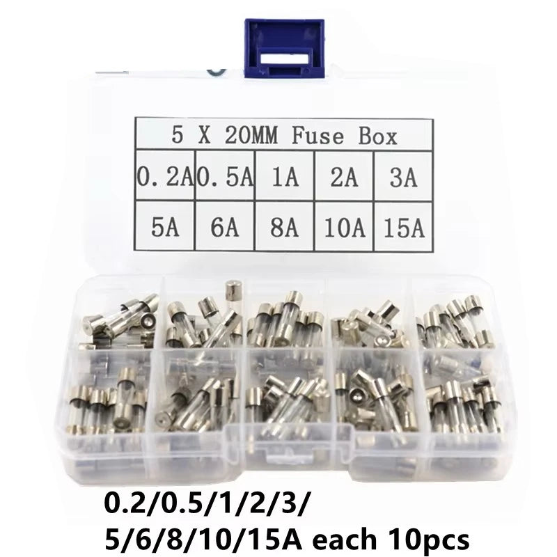 100Pcs/Set 5x20mm Quick Blow Glass Tube Fuse Assorted Kits,Fast-blow Glass Fuses 0.2A 0.5A 1A 2A 3A 5A 8A 10A 15A 20A