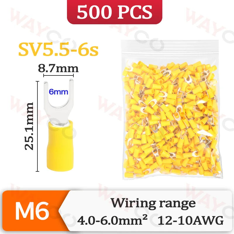 500PCS Fork Crimp Terminal M4/M5/M6 Spade Plugs Pre-insulated Ferrules Lugs For Splice Electricals Cable Wire End Connectors