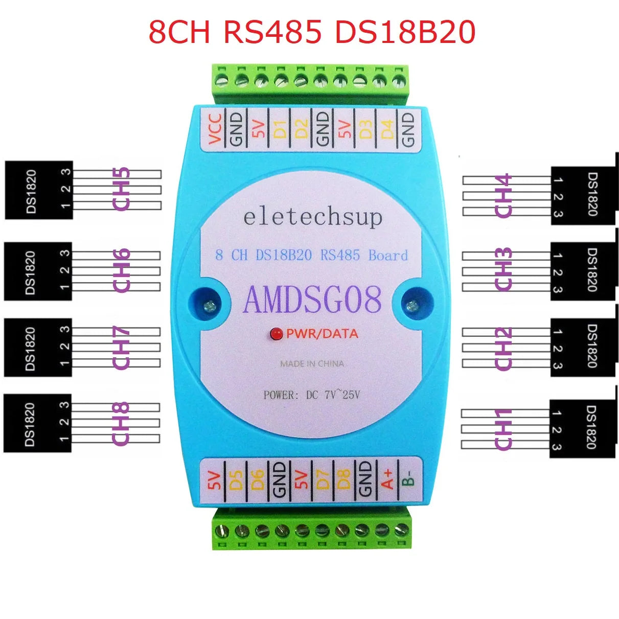 8 DS18B20 Temperature Acquisition Module / RS485 MODBUS RTU Communication Replace WP3066ADAM