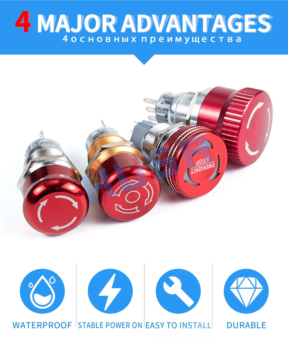 16mm 19mm 22mm metal emergency stop button switch stainless steel waterproof mushroom head Rotation reset Anti-slip thread
